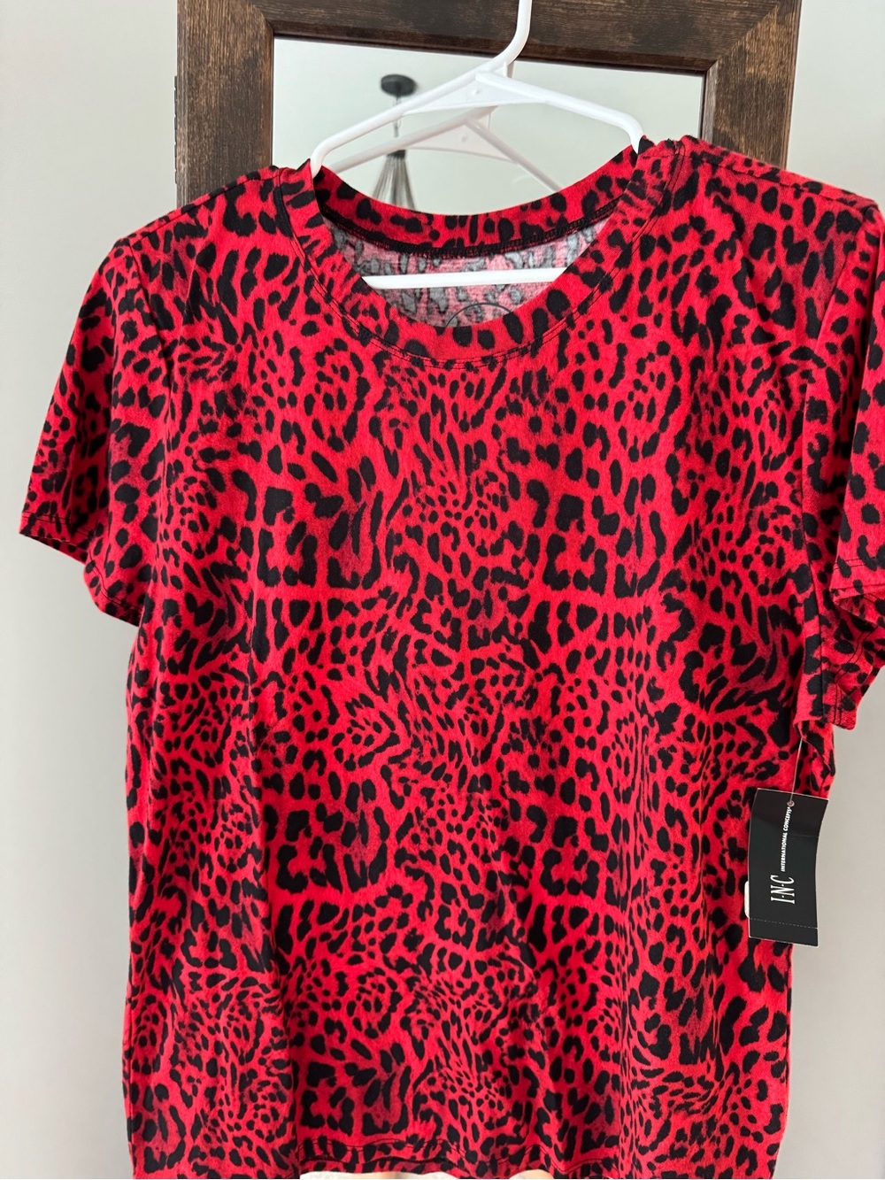 INC International Concepts Red and Black Leopard Print Short Sleeve Tee